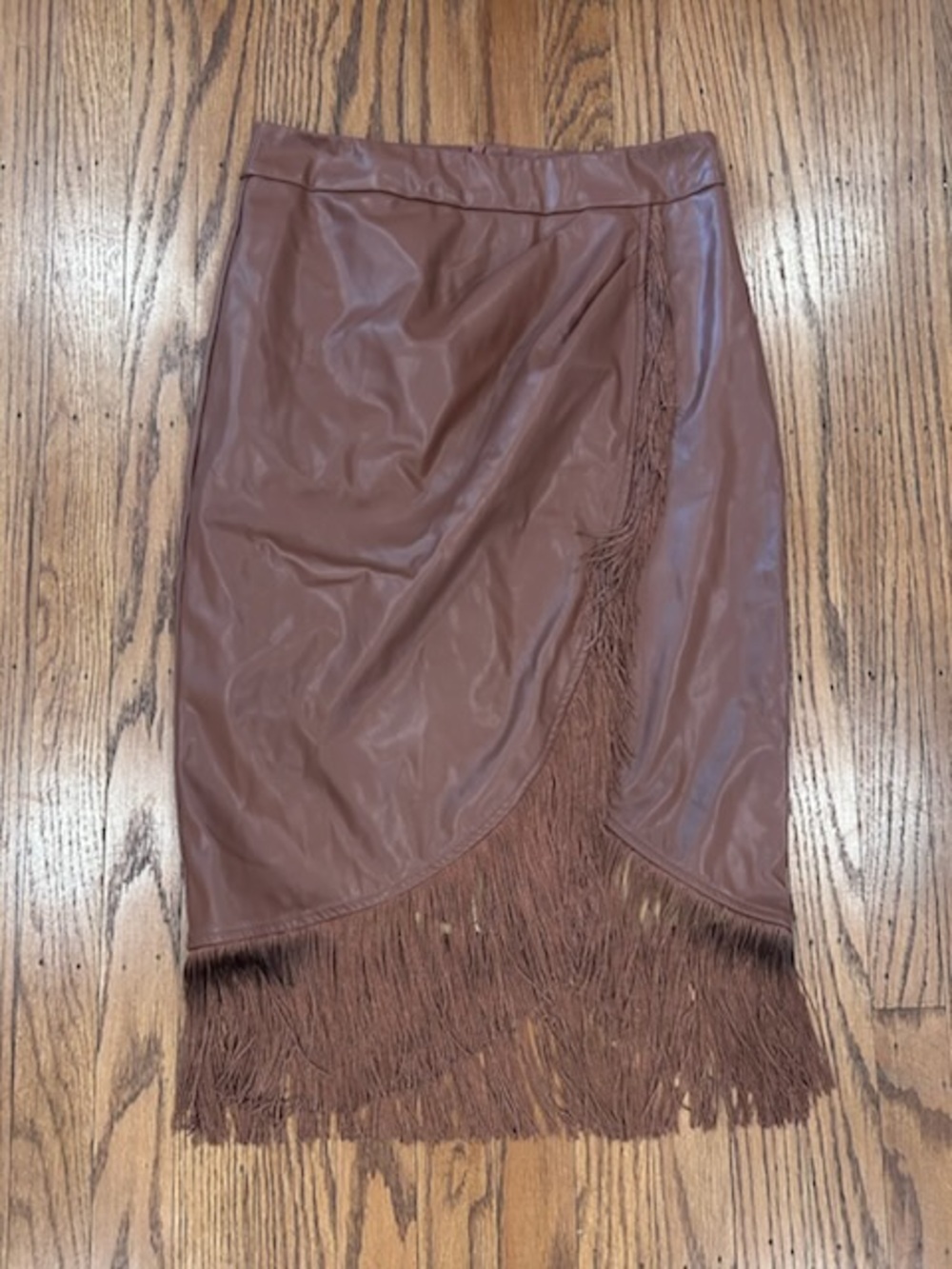 Brown Faux Leather Fringe Pencil Skirt